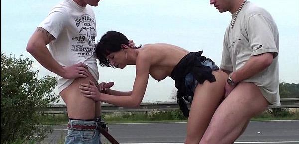  Risky PUBLIC sex threesome by a highway with a young teen petite girl